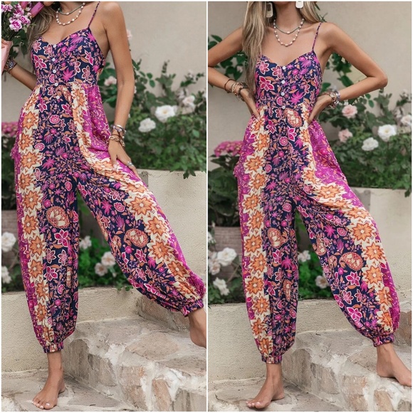 Pants - Boho Floral Print Cottagecore Cami Jumper Jumpsuit